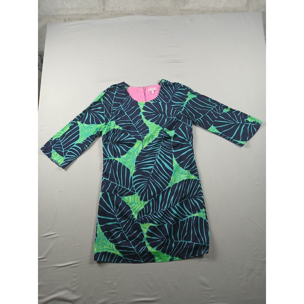 Lilly Pulitzer Laurel Shift Dress Womens 10 Navy Green Palm Leaf 3/4 Sleeve Poly